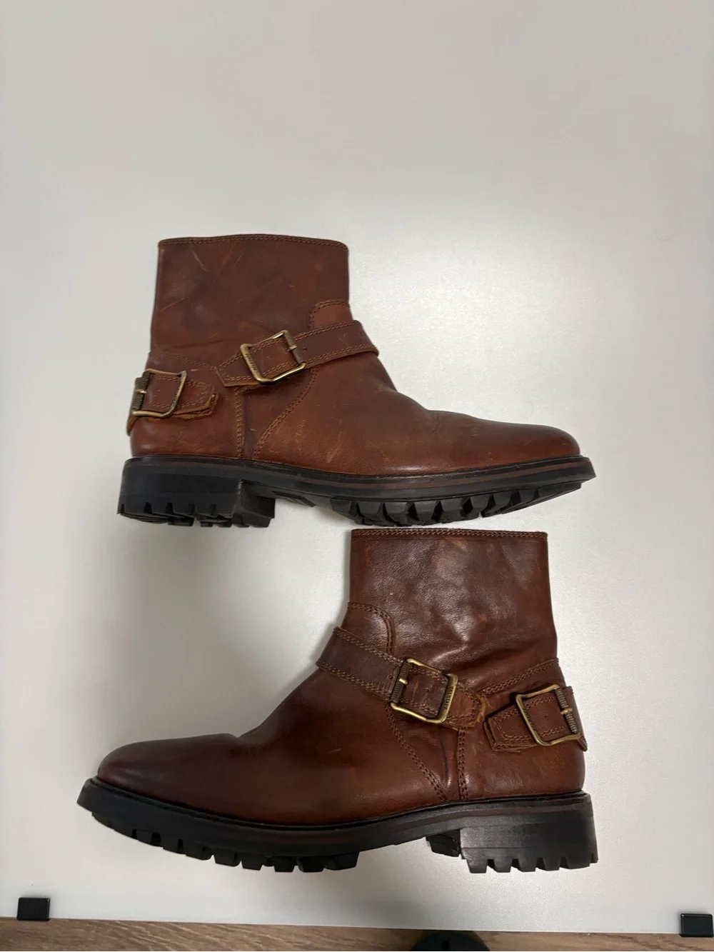 Mens Belstaff brown leather biker metal strap mid high boots size 9.5